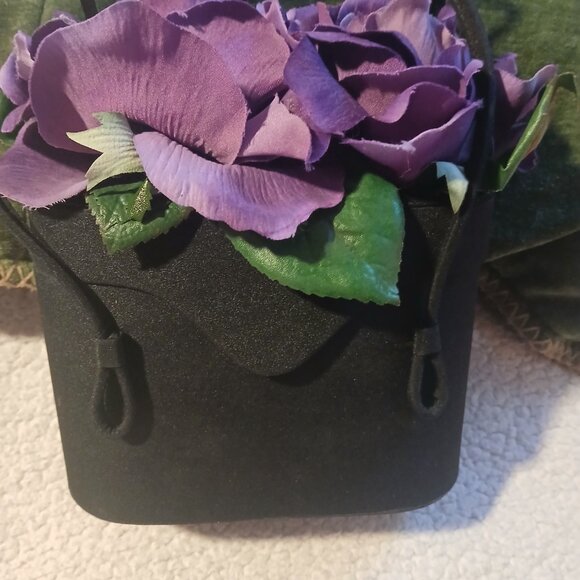 Women's Black  Bucket Bag with Purple Fabric Flowers on Top - Picture 10 of 14